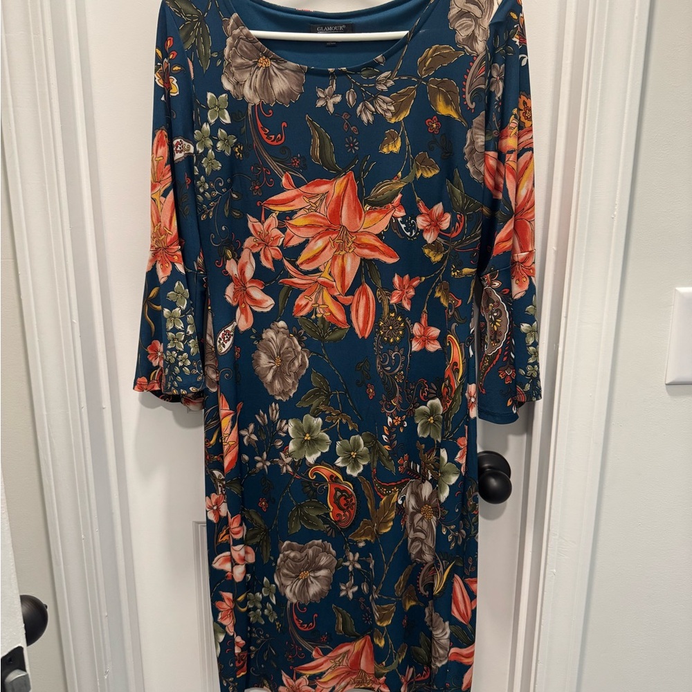 Glamour Orange and Blue Floral Sheath Dress with Bell Sleeves
